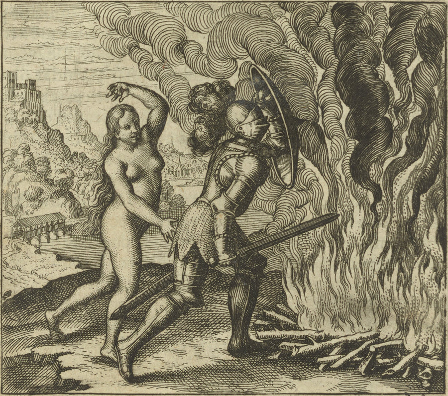 Michael Maier — Atalanta Fugiens, Emblem 20: Nature Teaches Nature How to Overcome Fire | Alchemical Engraving Print shown to scale on a wall above a sofa