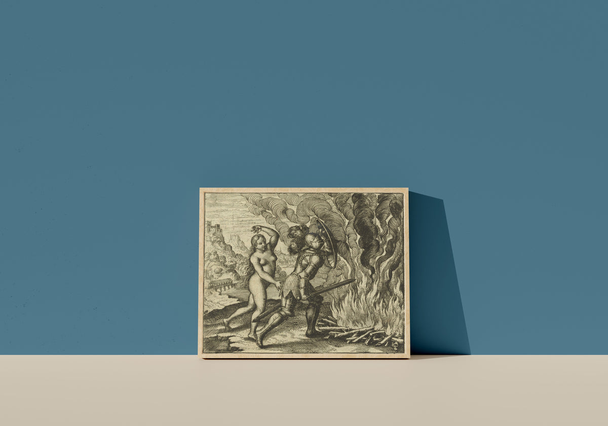 Framed art print of Atalanta Fugiens, Emblem 20: Nature Teaches Nature How to Overcome Fire by Michael Maier, in a light wood frame leaning on a blue wall
