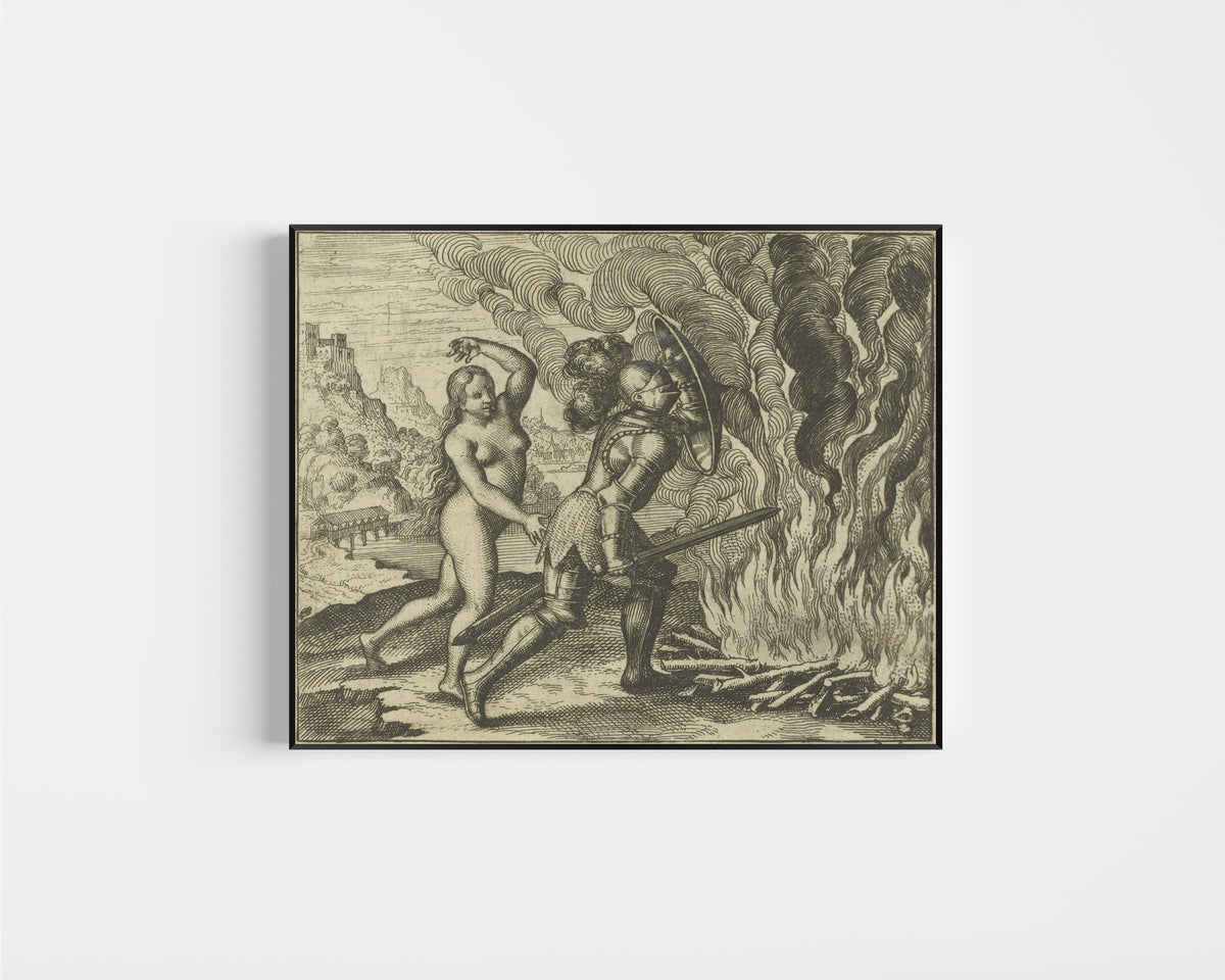 Framed art print of Atalanta Fugiens, Emblem 20: Nature Teaches Nature How to Overcome Fire by Michael Maier, in a slim black frame on a plain white wall