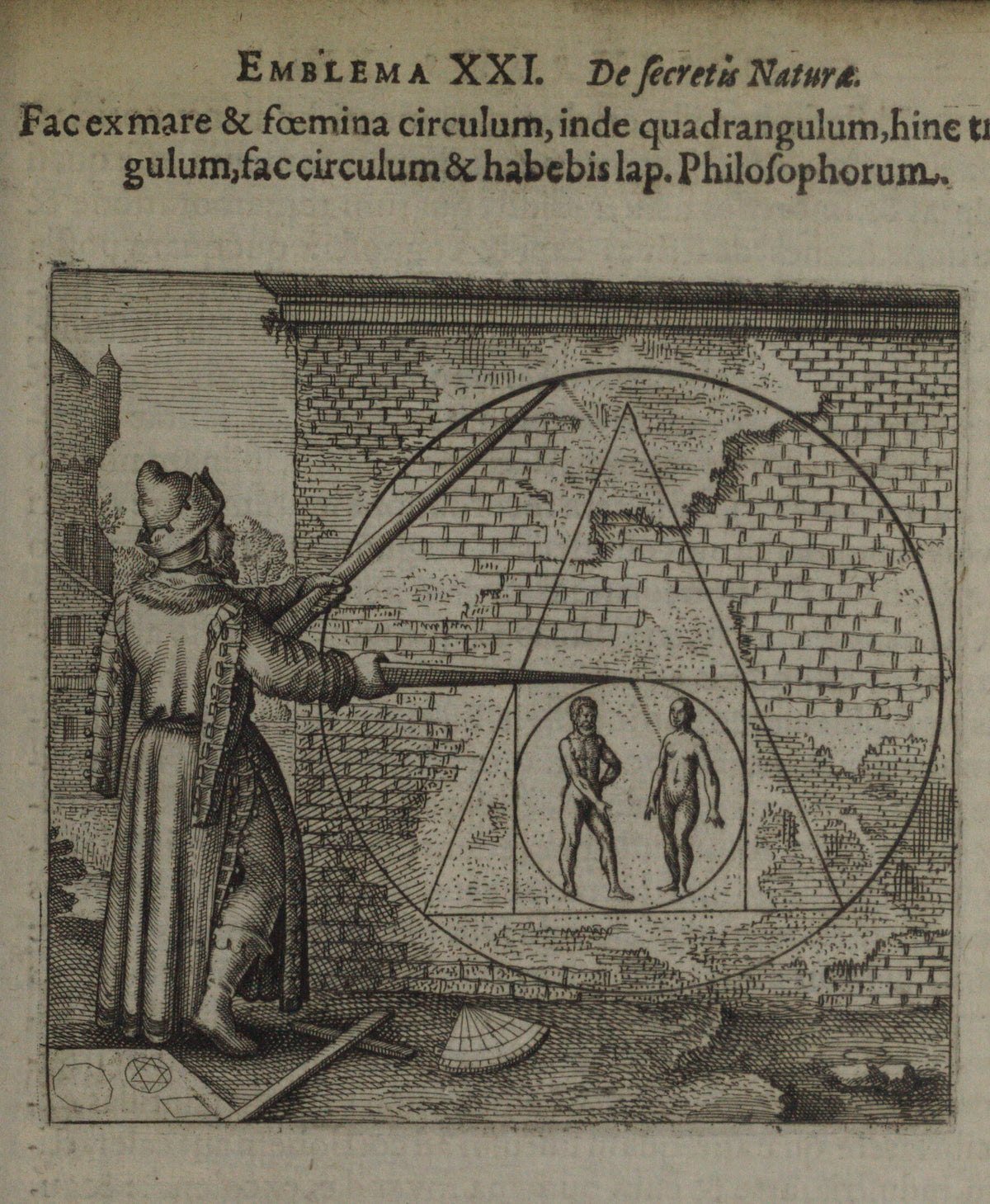 Michael Maier — Atalanta Fugiens, Emblem 21: Make a Circle from Man and Woman | Alchemical Engraving Print