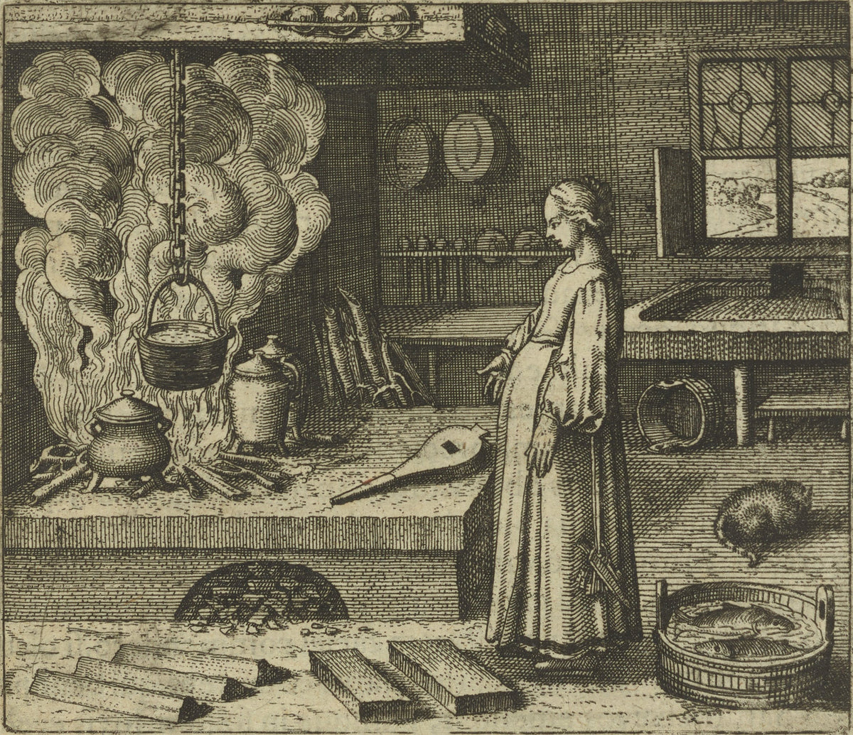 Atalanta Fugiens, Emblem 22: Having Acquired White Lead, Do the Work of Women, That Is, COOK by Michael Maier — A woman stands by a smoking hearth, cauldron