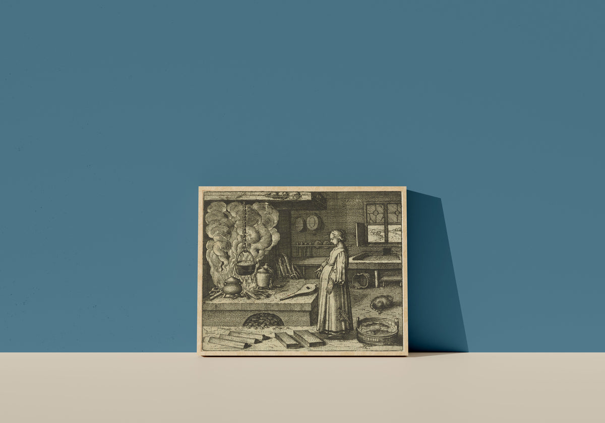 Framed art print of Atalanta Fugiens, Emblem 22: Having Acquired White Lead, Do the Work of… by Michael Maier, in a light wood frame leaning on a blue wall