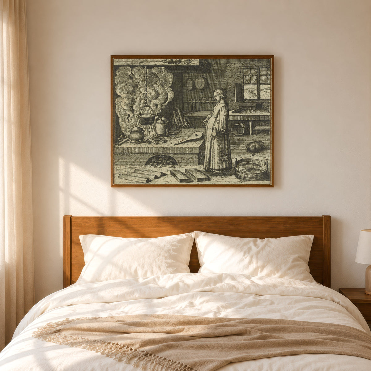 Framed art print of Atalanta Fugiens, Emblem 22: Having Acquired White Lead, Do the… by Michael Maier, in a slim wood frame above a bed in a sunlit bedroom
