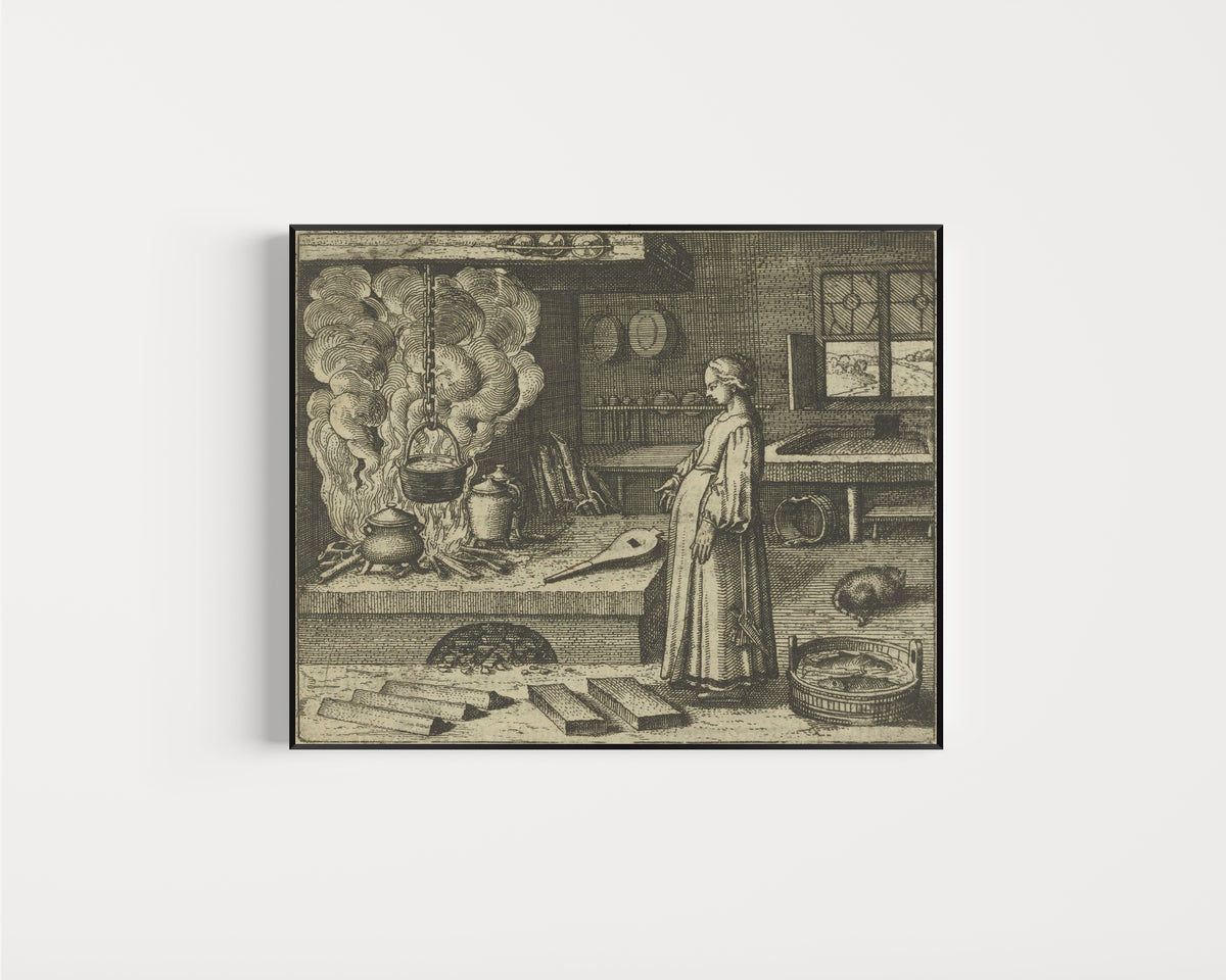 Framed art print of Atalanta Fugiens, Emblem 22: Having Acquired White Lead, Do the Work of… by Michael Maier, in a slim black frame on a plain white wall