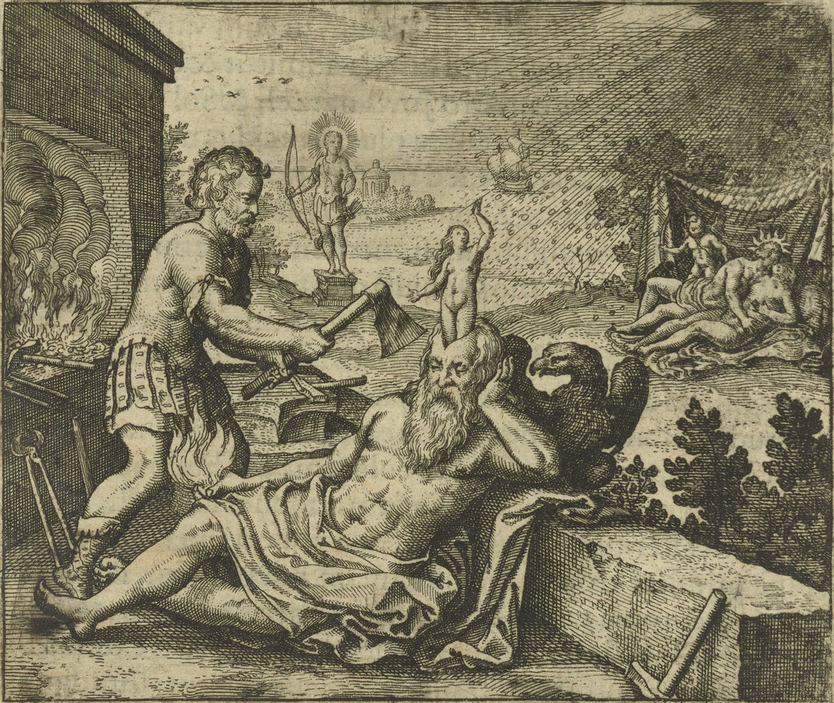 Atalanta Fugiens, Emblem 23: Gold Is Raining as Pallas Is Born on Rhodes by Michael Maier — Gold falls like rain as a small figure springs from an old man's