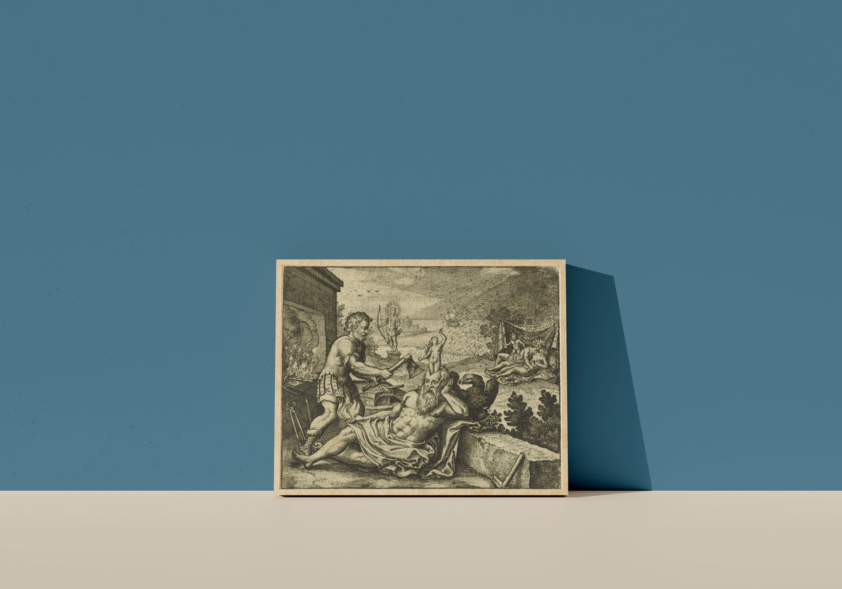 Framed art print of Atalanta Fugiens, Emblem 23: Gold Is Raining as Pallas Is Born on Rhodes by Michael Maier, in a light wood frame leaning on a blue wall