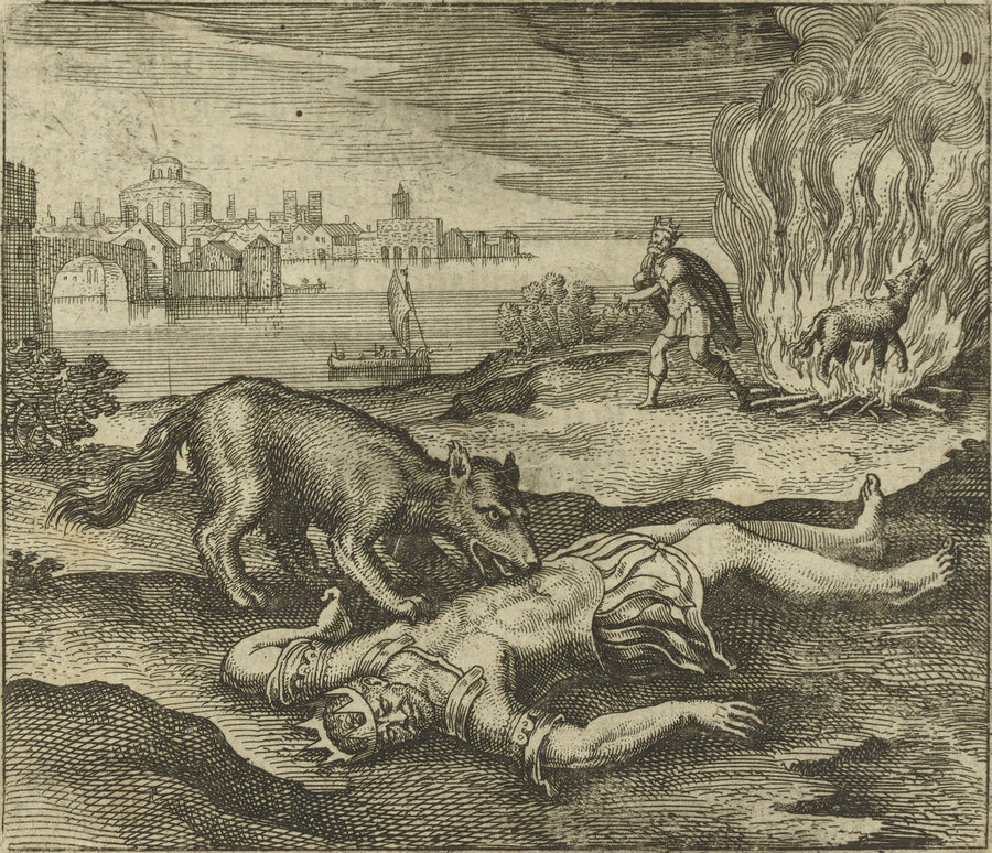 Michael Maier — Atalanta Fugiens, Emblem 24: A Wolf Devoured the King, and Being Burnt It Restored Him to Life Again | Alchemical Engraving Print shown to scale on a wall above a sofa