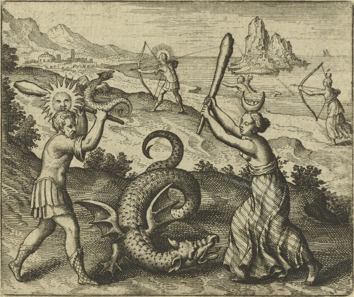Atalanta Fugiens, Emblem 25: The Dragon Does Not Die Unless Slain by Brother and Sister by Michael Maier — A man with a sun and a woman with a moon strike a