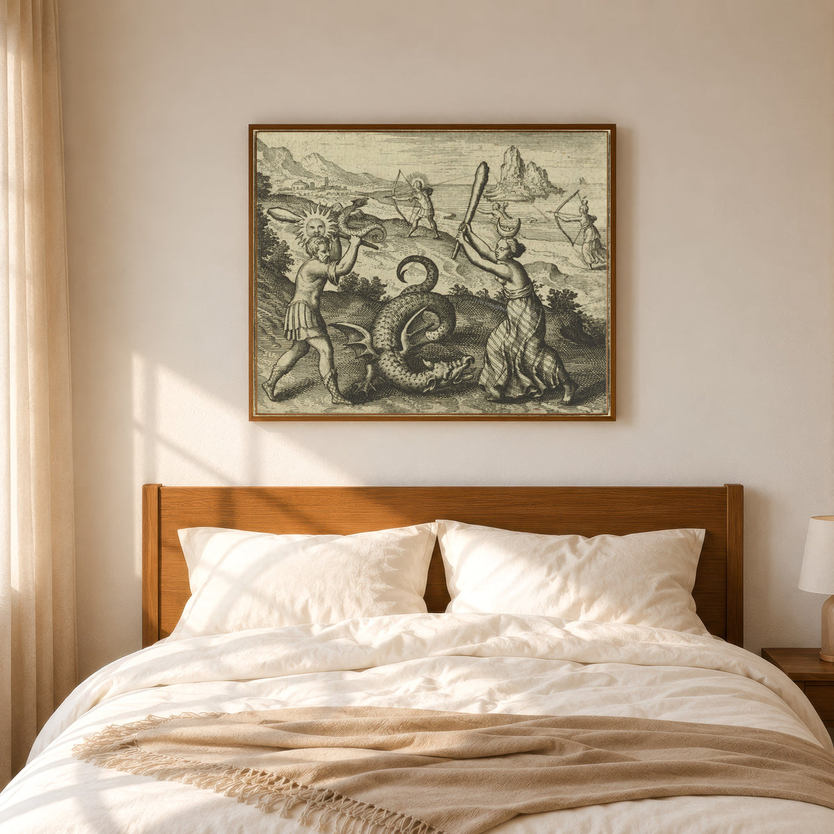 Framed art print of Atalanta Fugiens, Emblem 25: The Dragon Does Not Die Unless Slain… by Michael Maier, in a slim wood frame above a bed in a sunlit bedroom