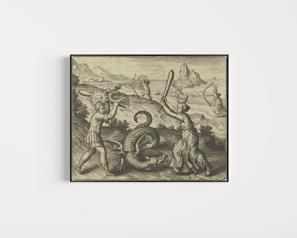 Framed art print of Atalanta Fugiens, Emblem 25: The Dragon Does Not Die Unless Slain by Brother… by Michael Maier, in a slim black frame on a plain white wall