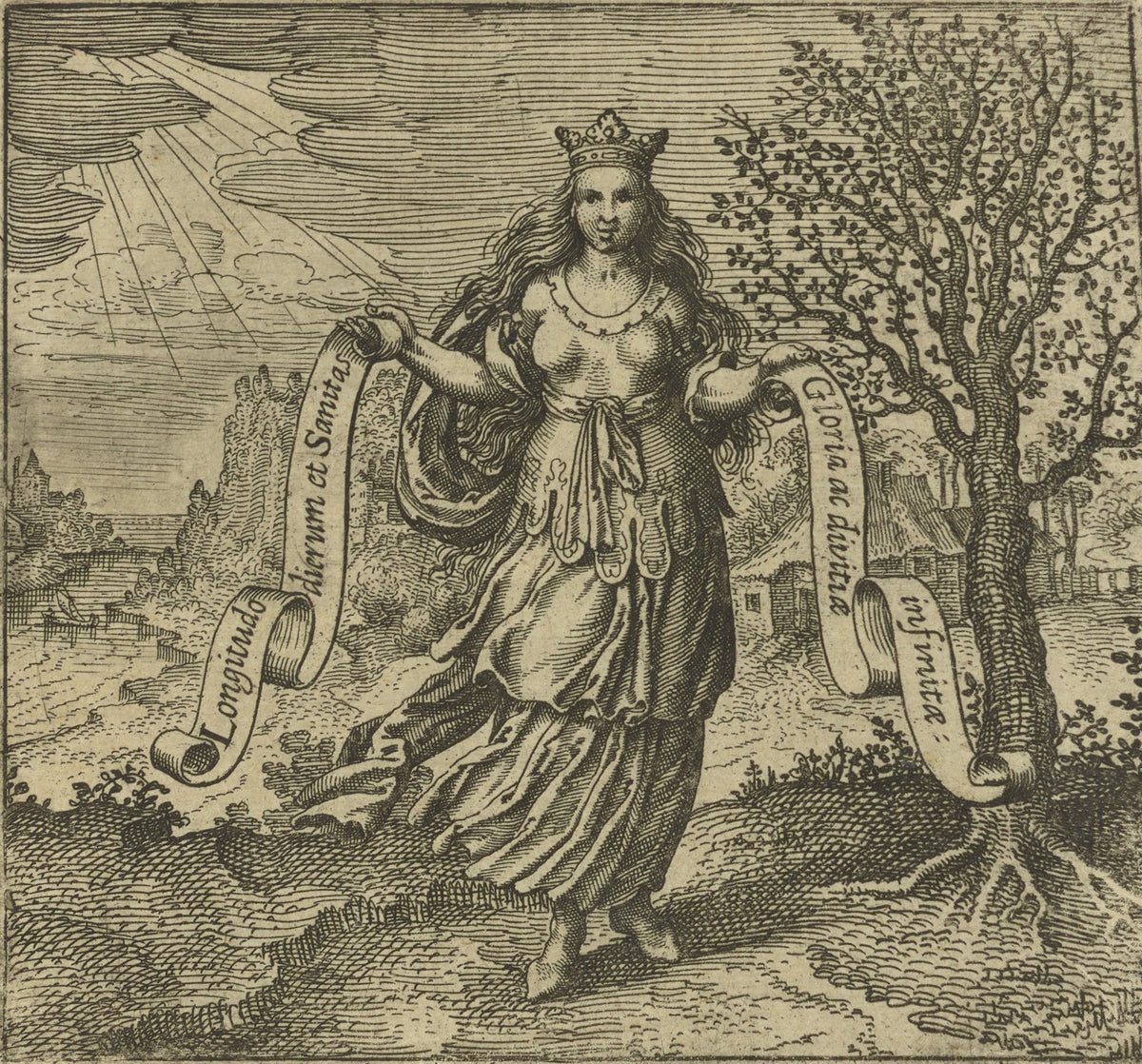 Atalanta Fugiens, Emblem 26: Human Wisdom is the Fruit of the Tree of Life by Michael Maier — A crowned woman holds two Latin banners beside a rooted tree