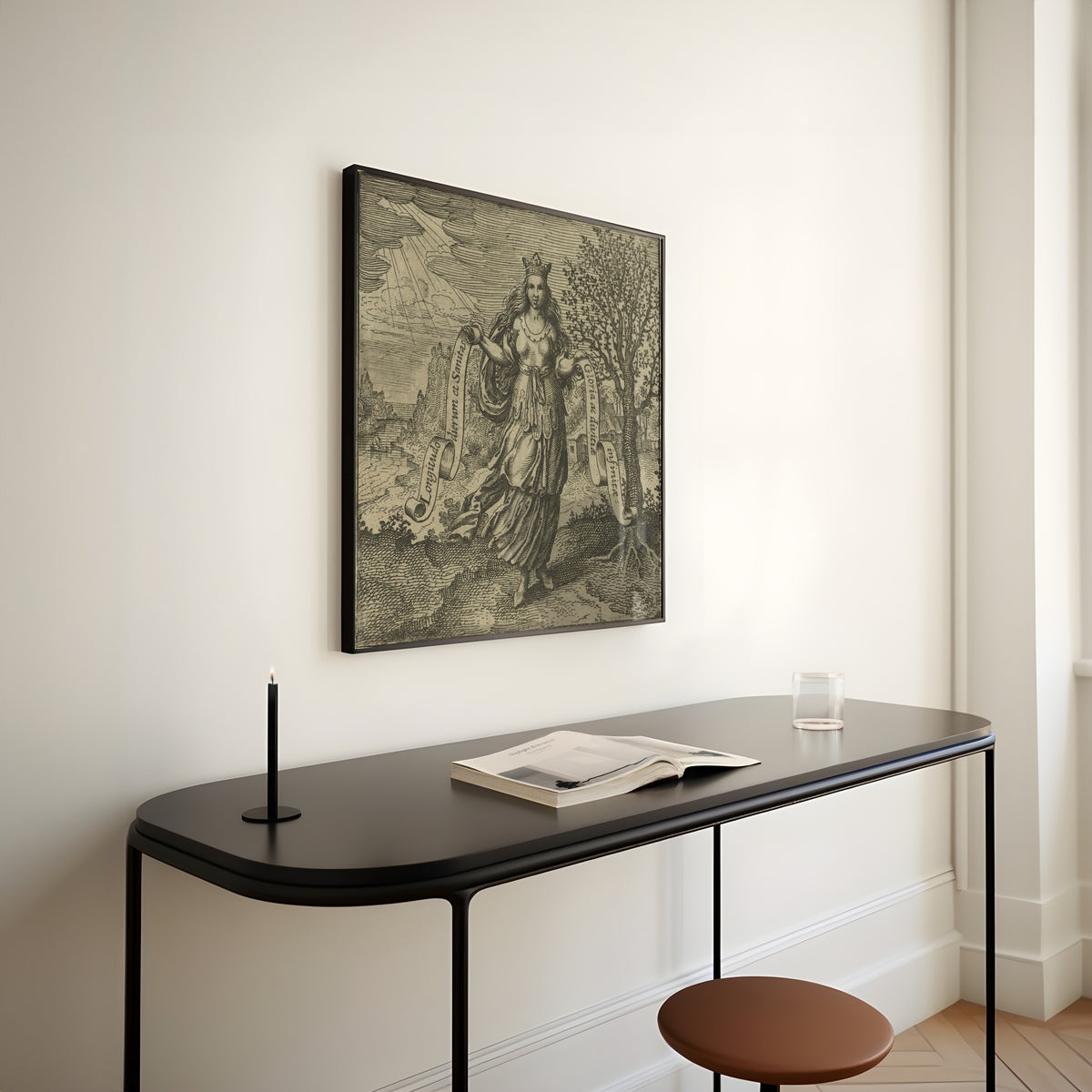 Framed art print of Atalanta Fugiens, Emblem 26: Human Wisdom is the Fruit of the Tree of Life by Michael Maier, above a slim black console table