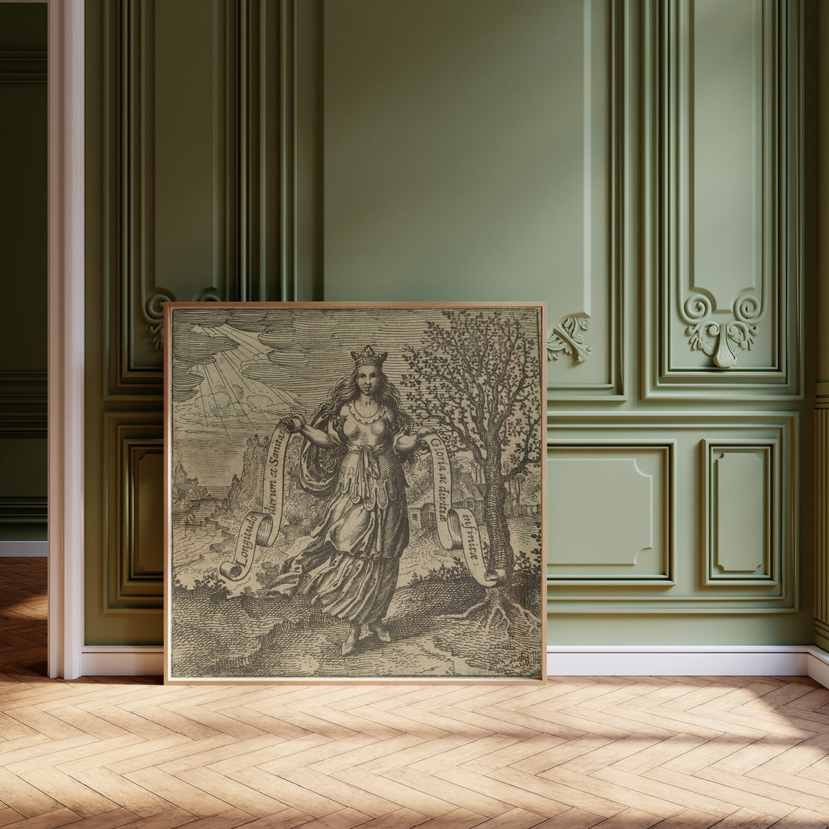 Framed art print of Atalanta Fugiens, Emblem 26: Human Wisdom is the Fruit of… by Michael Maier, leaning against olive-green panelling on a herringbone floor