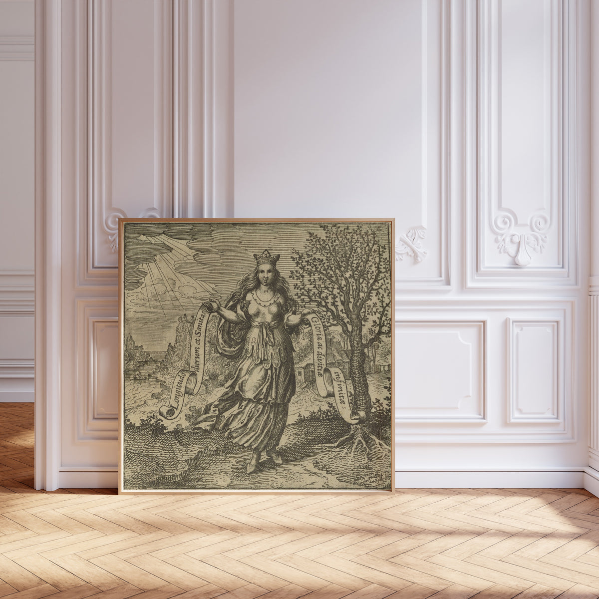 Framed art print of Atalanta Fugiens, Emblem 26: Human Wisdom is the Fruit of the… by Michael Maier, leaning against pale pink panelling on a herringbone floor