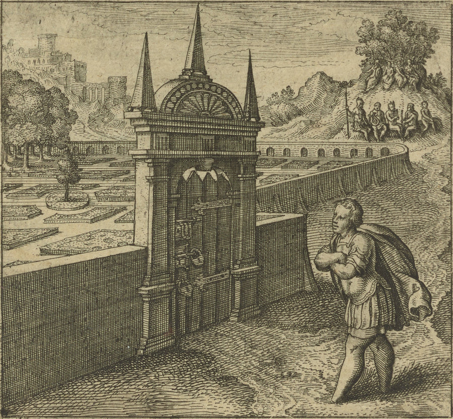 Michael Maier — Atalanta Fugiens, Emblem 27: He Who Enters the Philosophic Rosary Without a Key | Alchemical Engraving Print shown to scale on a wall above a sofa
