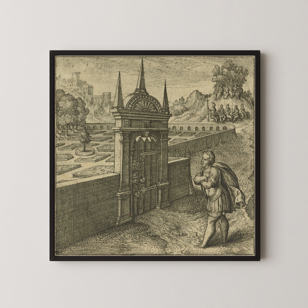 Framed art print of Atalanta Fugiens, Emblem 27: He Who Enters the Philosophic Rosary Without a Key by Michael Maier, in a black frame on a pale wall