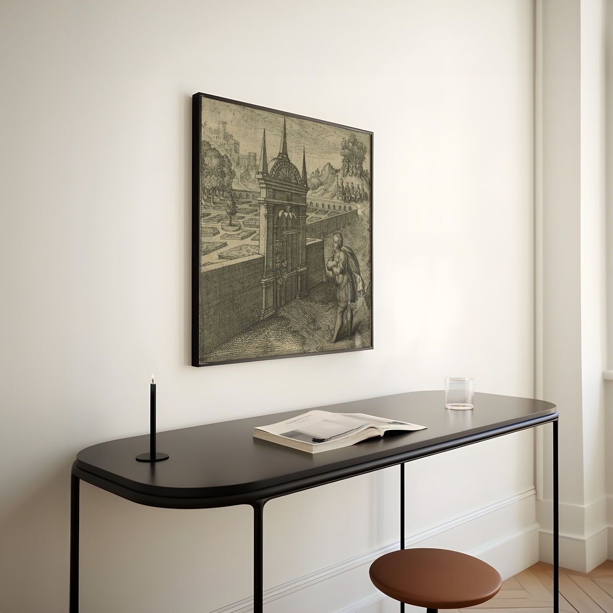 Framed art print of Atalanta Fugiens, Emblem 27: He Who Enters the Philosophic Rosary Without a Key by Michael Maier, above a slim black console table