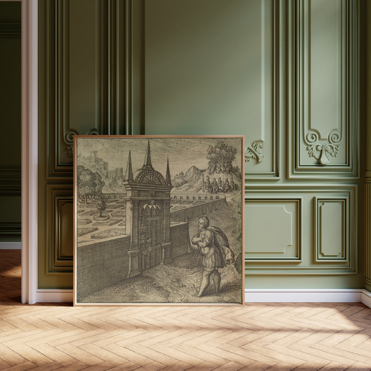 Framed art print of Atalanta Fugiens, Emblem 27: He Who Enters the Philosophic… by Michael Maier, leaning against olive-green panelling on a herringbone floor