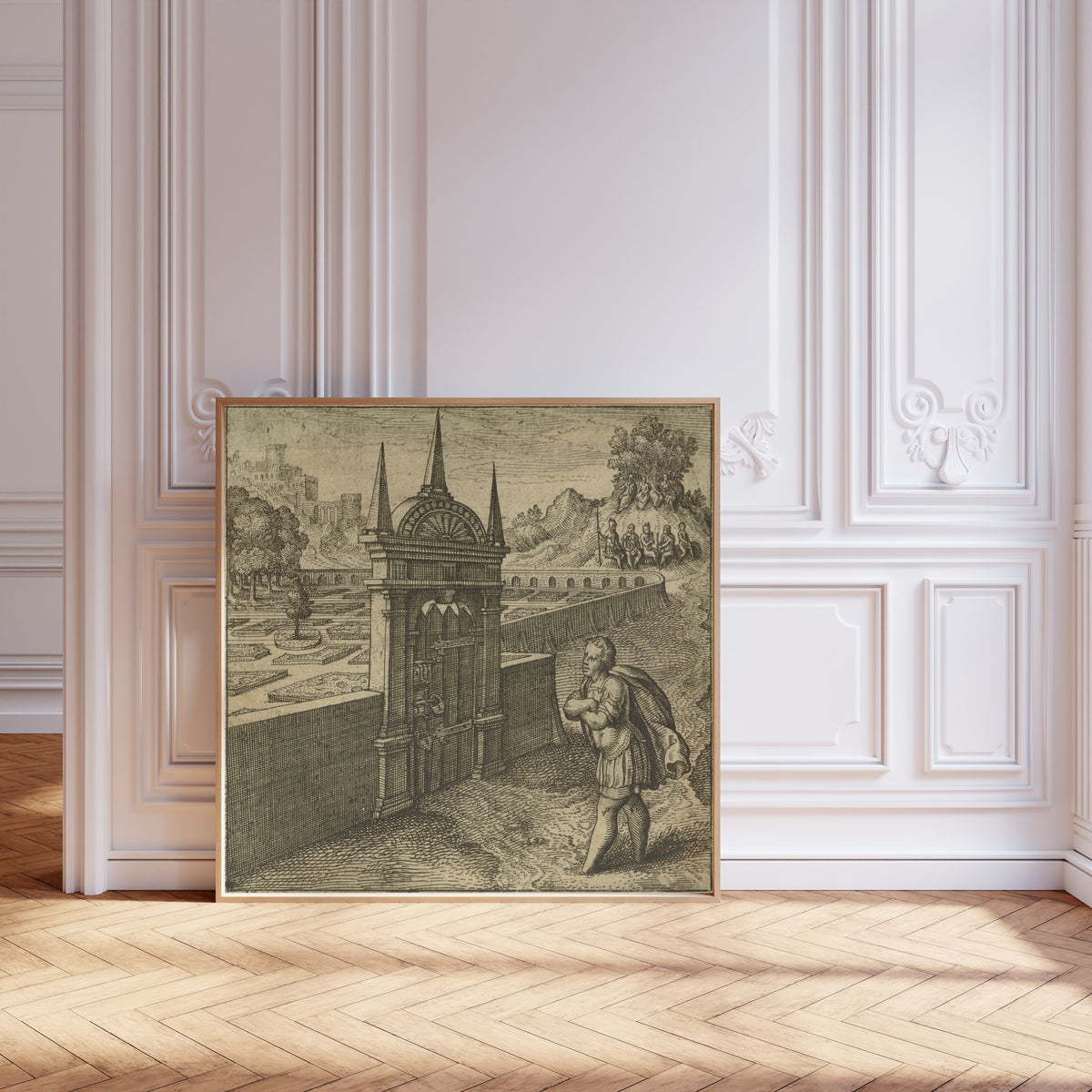 Framed art print of Atalanta Fugiens, Emblem 27: He Who Enters the Philosophic… by Michael Maier, leaning against pale pink panelling on a herringbone floor
