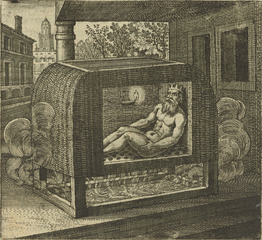 Michael Maier — Atalanta Fugiens, Emblem 28: The King Bathes, Sitting in a Steam Bath | Alchemical Engraving Print shown to scale on a wall above a sofa