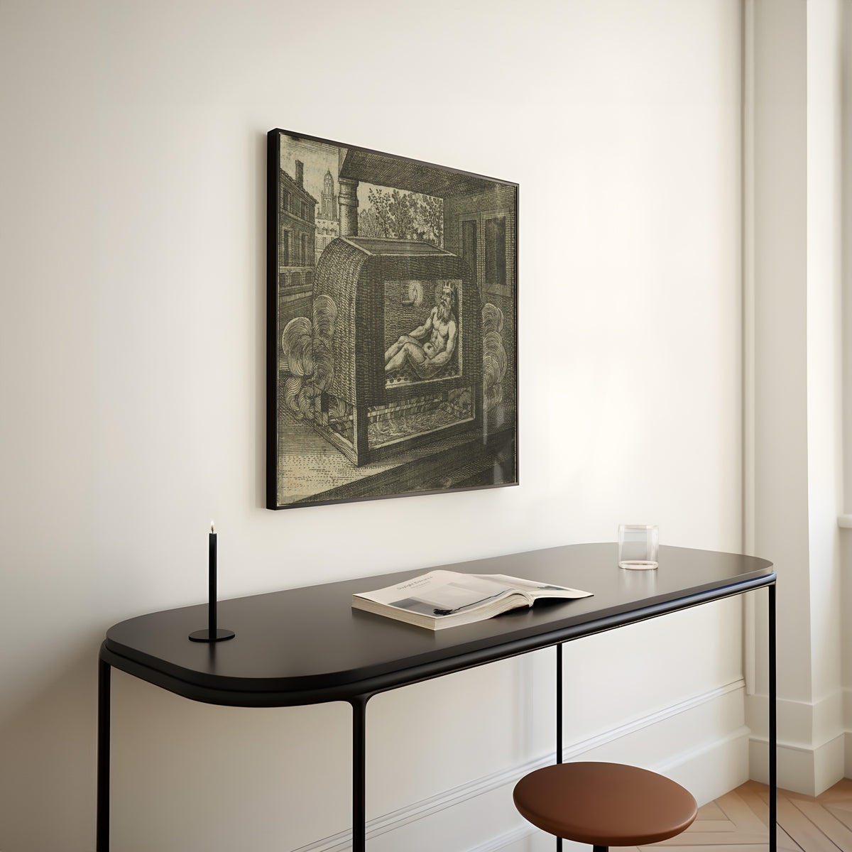 Framed art print of Atalanta Fugiens, Emblem 28: The King Bathes, Sitting in a Steam Bath by Michael Maier, above a slim black console table