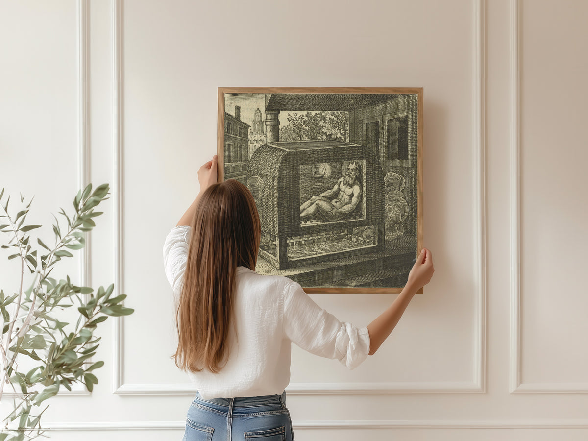 Framed art print of Atalanta Fugiens, Emblem 28: The King Bathes, Sitting in a Steam Bath by Michael Maier, hung on a panelled wall