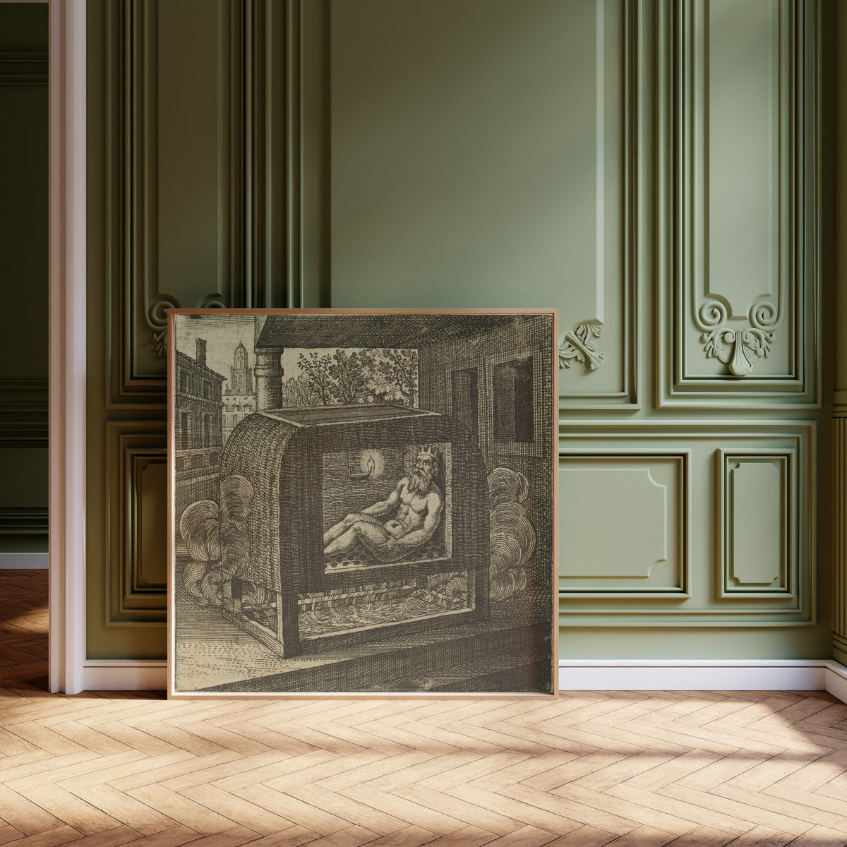 Framed art print of Atalanta Fugiens, Emblem 28: The King Bathes, Sitting in a… by Michael Maier, leaning against olive-green panelling on a herringbone floor