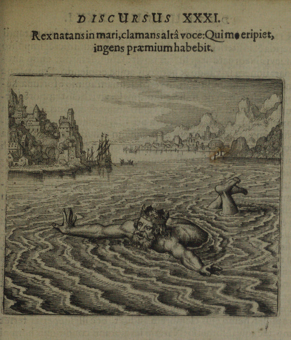 Michael Maier — Atalanta Fugiens, Emblem 31: The King Swimming in the Sea Cries Out, He That Delivers Me Shall Have a Great Reward | Alchemical Engraving Print