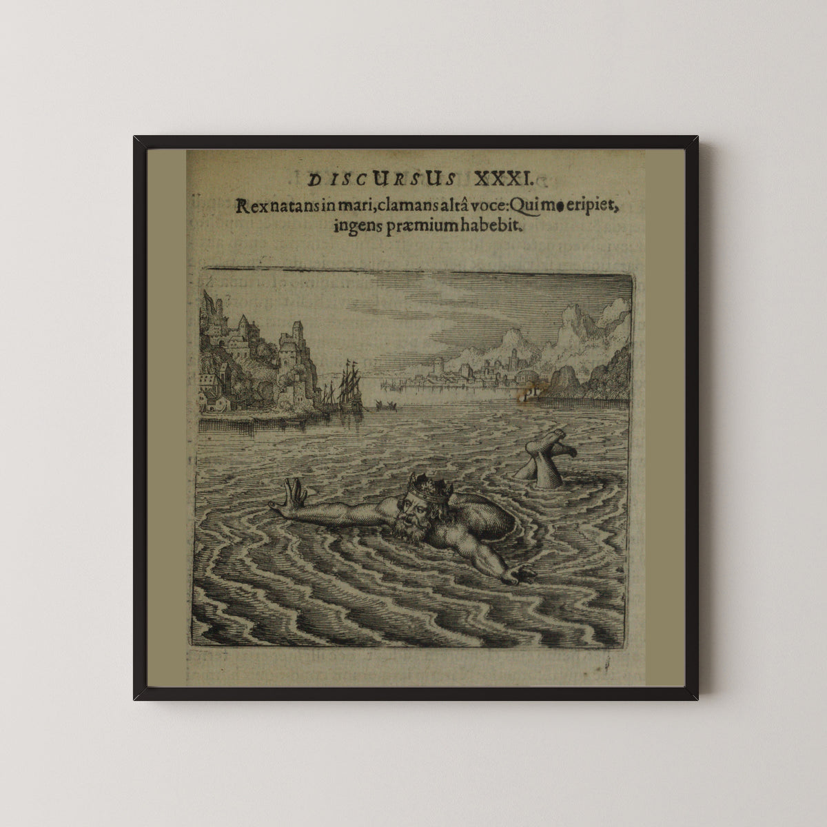 Michael Maier — Atalanta Fugiens, Emblem 31: The King Swimming in the Sea Cries Out, He That Delivers Me Shall Have a Great Reward | Alchemical Engraving Print