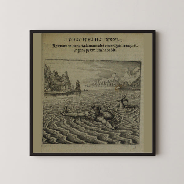 Michael Maier — Atalanta Fugiens, Emblem 31: The King Swimming in the Sea Cries Out, He That Delivers Me Shall Have a Great Reward | Alchemical Engraving Print