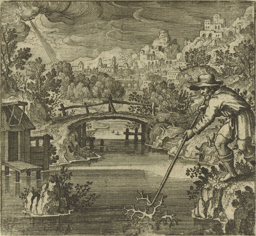 Michael Maier — Atalanta Fugiens, Emblem 32: As Coral Grows Under Water and Hardens in the Air, So Does the Stone | Alchemical Engraving Print shown to scale on a wall above a sofa