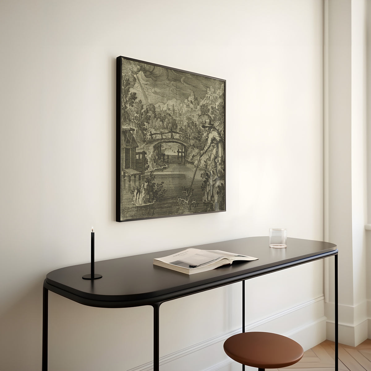 Framed art print of Atalanta Fugiens, Emblem 32: As Coral Grows Under Water and Hardens in the Air, So Does… by Michael Maier, above a slim black console table