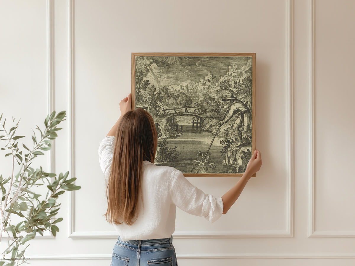 Framed art print of Atalanta Fugiens, Emblem 32: As Coral Grows Under Water and Hardens in the Air, So Does the Stone by Michael Maier, hung on a panelled wall