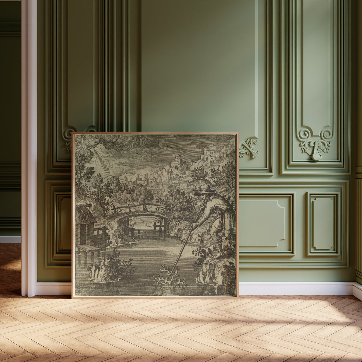 Framed art print of Atalanta Fugiens, Emblem 32: As Coral Grows Under Water and… by Michael Maier, leaning against olive-green panelling on a herringbone floor