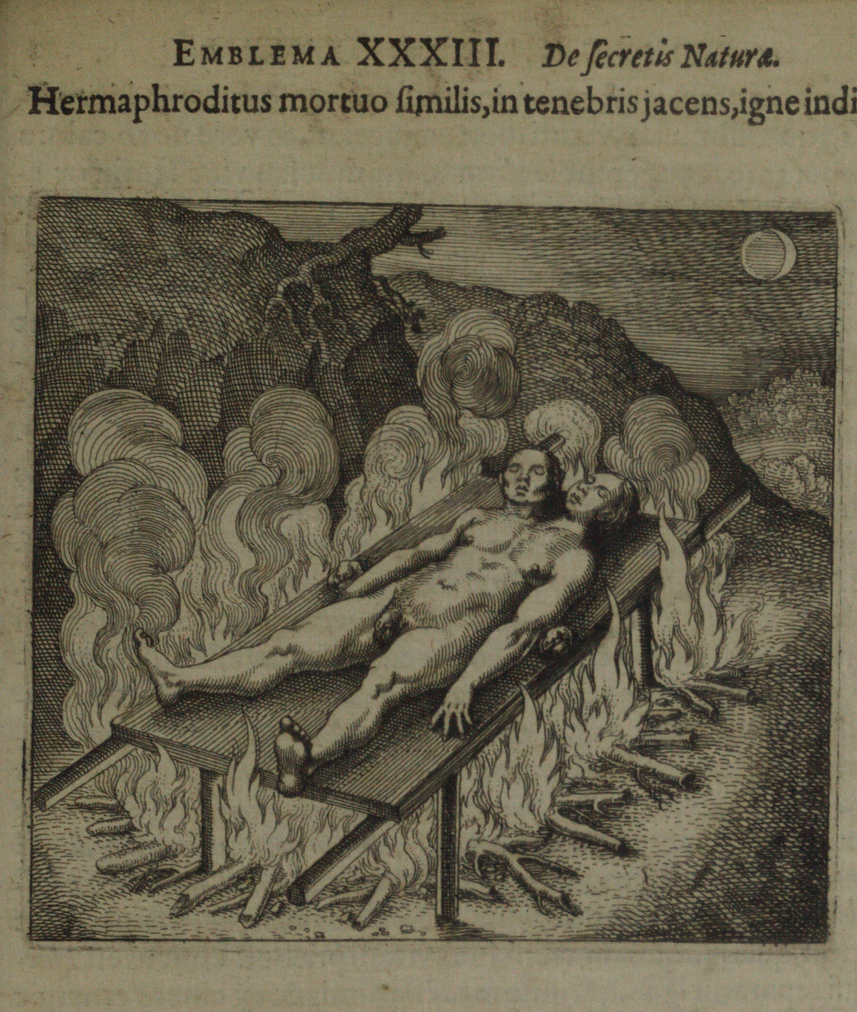 Michael Maier — Atalanta Fugiens, Emblem 33: The Hermaphrodite, Lying Like a Dead Man in Darkness, Needs Fire | Alchemical Engraving Print