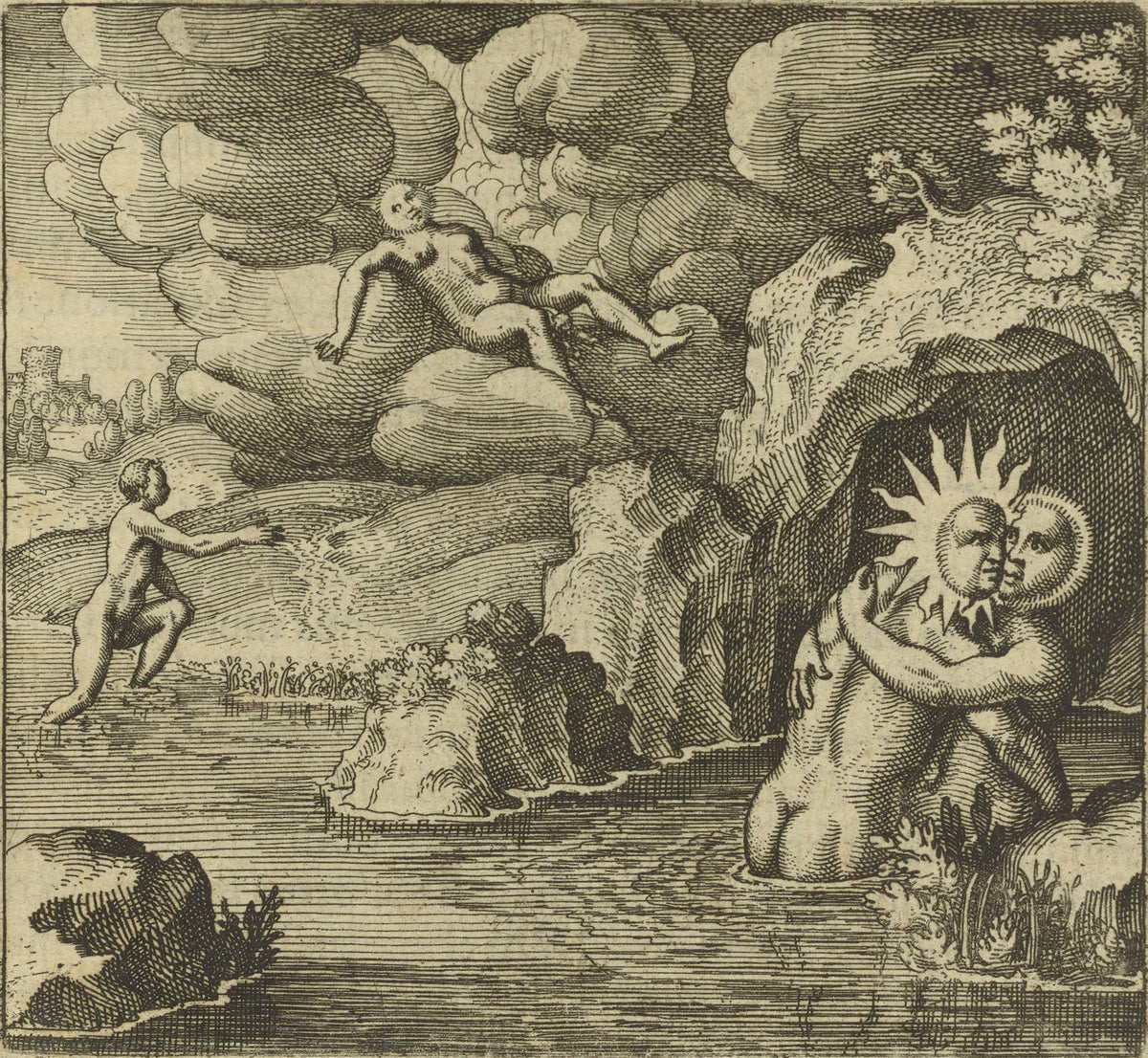 Atalanta Fugiens, Emblem 34: He Is Conceived in Baths, Born in the Air by Michael Maier — Sun and moon embrace in a river as a figure reclines on clouds