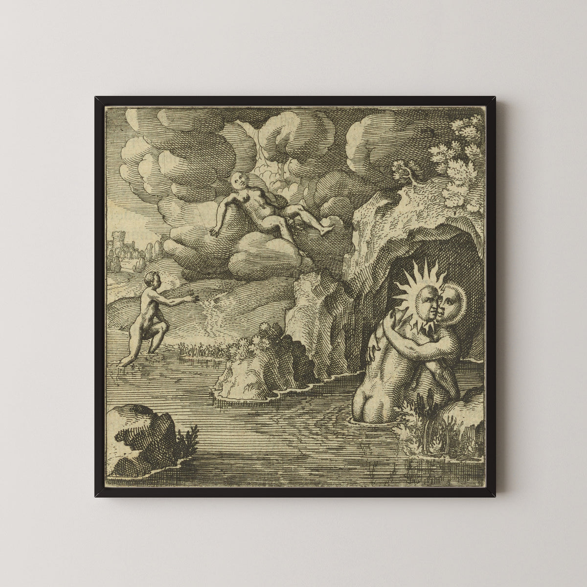 Framed art print of Atalanta Fugiens, Emblem 34: He Is Conceived in Baths, Born in the Air by Michael Maier, in a black frame on a pale wall