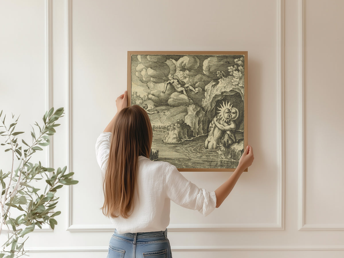 Framed art print of Atalanta Fugiens, Emblem 34: He Is Conceived in Baths, Born in the Air by Michael Maier, hung on a panelled wall