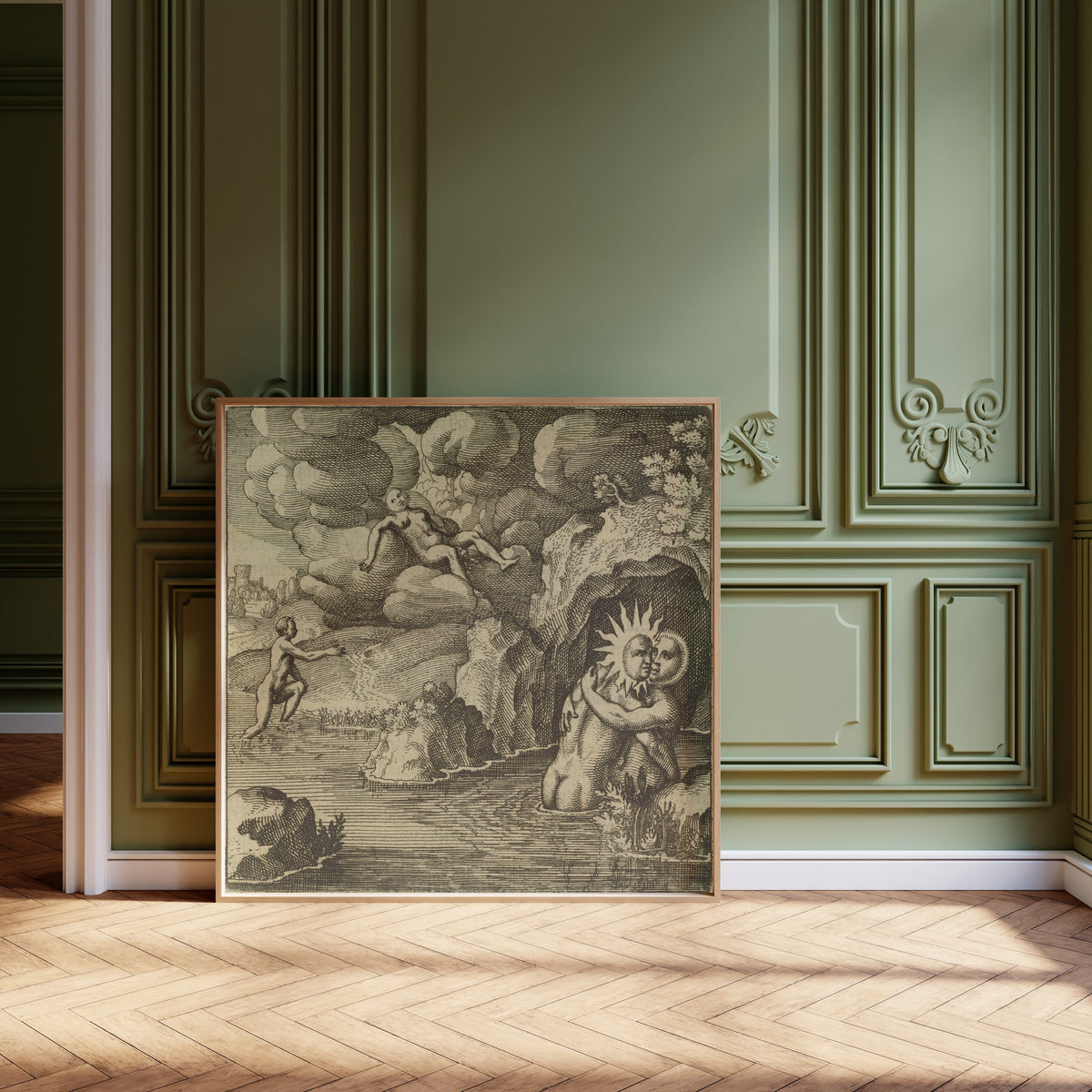 Framed art print of Atalanta Fugiens, Emblem 34: He Is Conceived in Baths, Born… by Michael Maier, leaning against olive-green panelling on a herringbone floor
