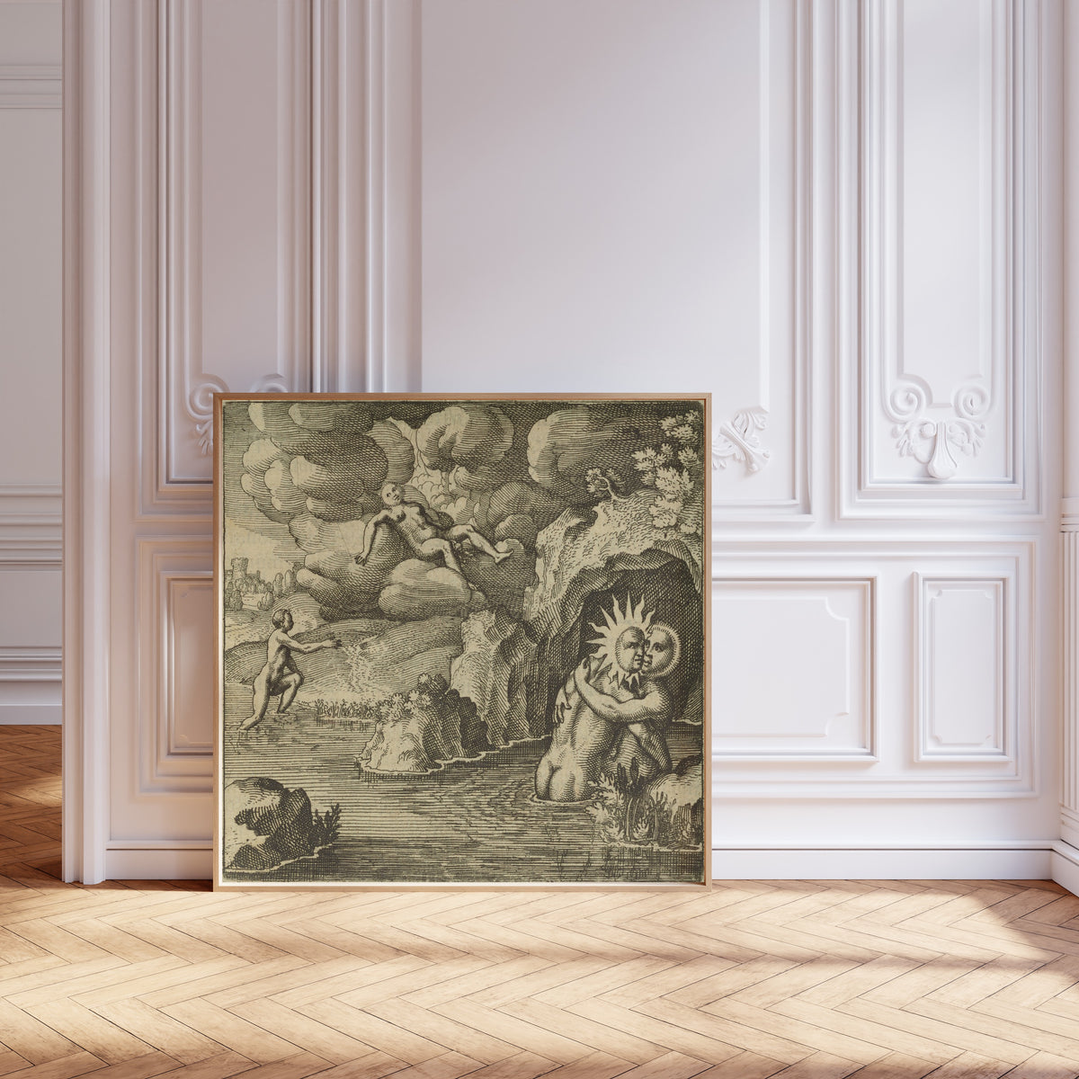 Framed art print of Atalanta Fugiens, Emblem 34: He Is Conceived in Baths, Born… by Michael Maier, leaning against pale pink panelling on a herringbone floor