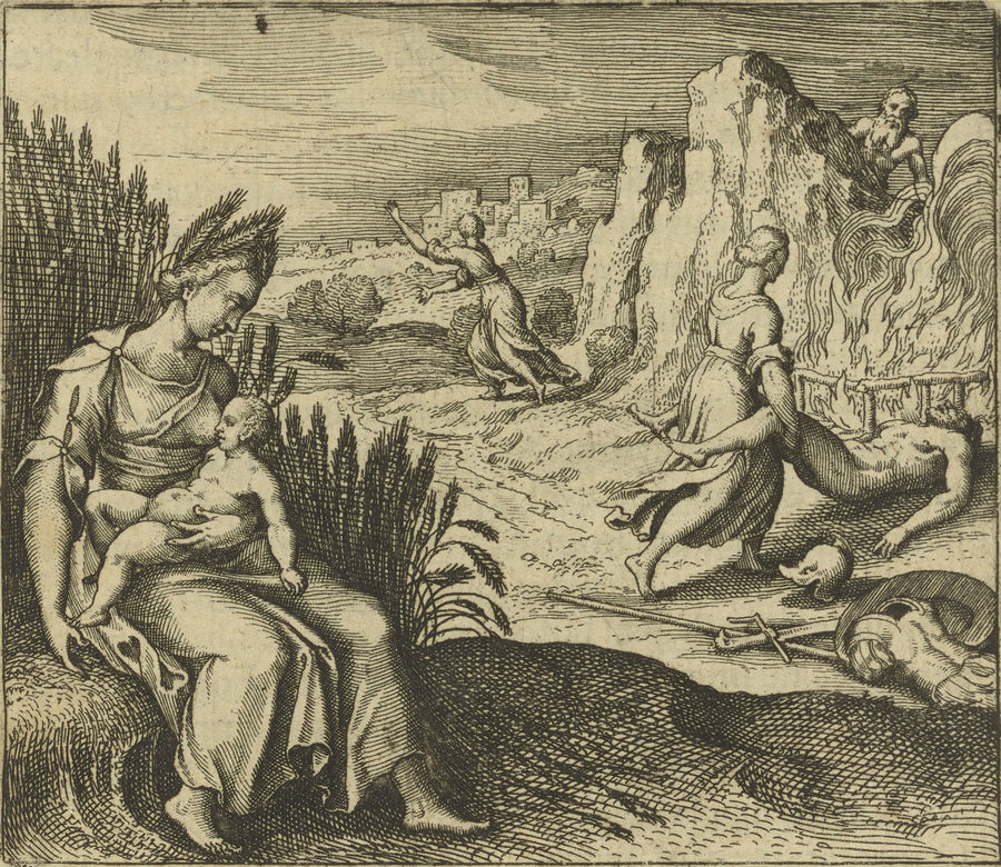 Michael Maier — Atalanta Fugiens, Emblem 35: As Ceres Accustomed Triptolemus to Stay in the Fire | Alchemical Engraving Print shown to scale on a wall above a sofa