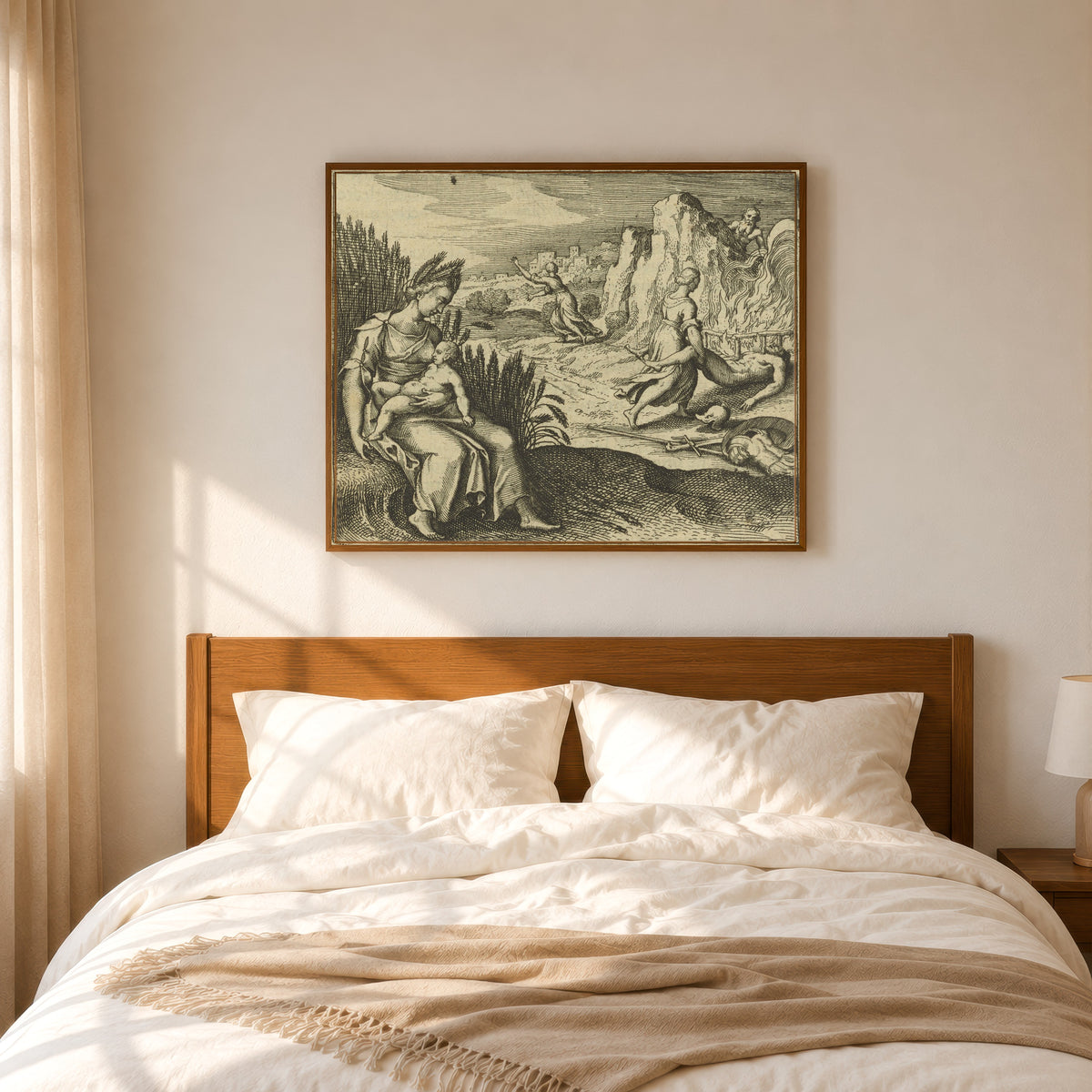Framed art print of Atalanta Fugiens, Emblem 35: As Ceres Accustomed Triptolemus to… by Michael Maier, in a slim wood frame above a bed in a sunlit bedroom