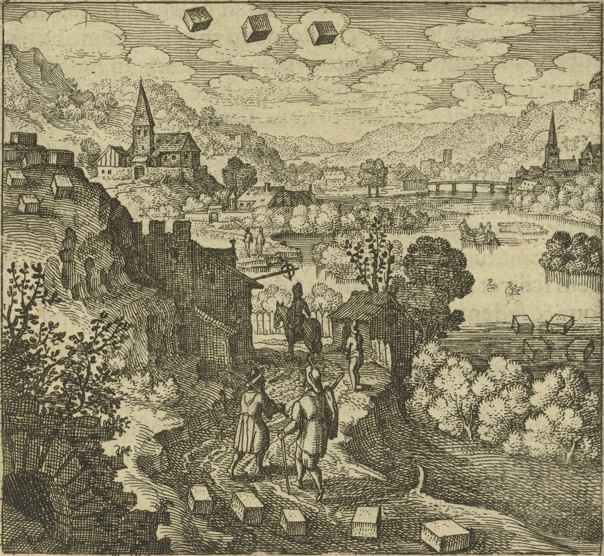 Atalanta Fugiens, Emblem 36: The Stone That Is Mercury Is Cast Upon the Land by Michael Maier — Stone blocks fall from the clouds over a valley and its