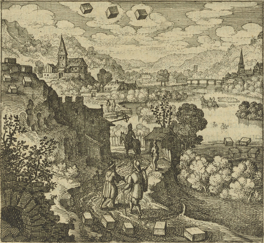 Michael Maier — Atalanta Fugiens, Emblem 36: The Stone That Is Mercury Is Cast Upon the Land | Alchemical Engraving Print shown to scale on a wall above a sofa