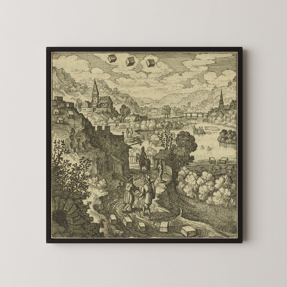 Framed art print of Atalanta Fugiens, Emblem 36: The Stone That Is Mercury Is Cast Upon the Land by Michael Maier, in a black frame on a pale wall