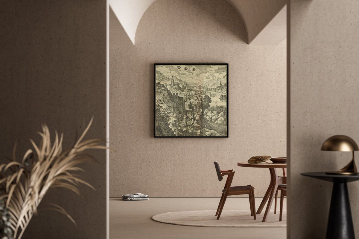 Framed art print of Atalanta Fugiens, Emblem 36: The Stone That Is Mercury Is Cast Upon the Land by Michael Maier, in a sunlit dining corner