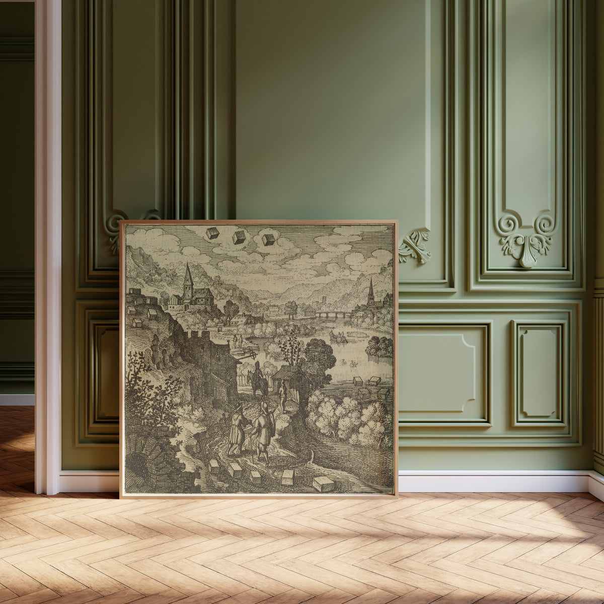 Framed art print of Atalanta Fugiens, Emblem 36: The Stone That Is Mercury Is… by Michael Maier, leaning against olive-green panelling on a herringbone floor