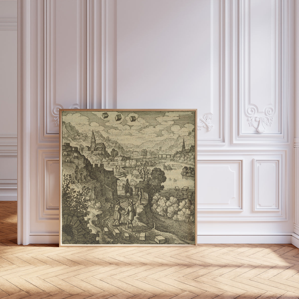 Framed art print of Atalanta Fugiens, Emblem 36: The Stone That Is Mercury Is… by Michael Maier, leaning against pale pink panelling on a herringbone floor