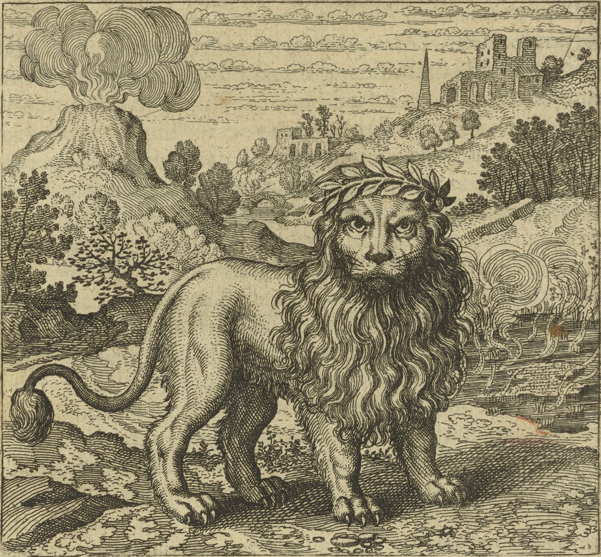 Atalanta Fugiens, Emblem 37: Three Things Are Sufficient For the Magistery by Michael Maier — A laurel-crowned lion stands before a smoking mound and ruins