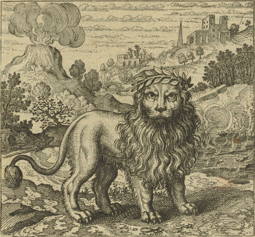 Atalanta Fugiens, Emblem 37: Three Things Are Sufficient For the Magistery by Michael Maier — A laurel-crowned lion stands before a smoking mound and ruins